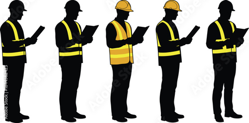 Construction inspector silhouettes, clipboard posture, safety vest gear, helmeted workers, black figures, site assessment, reflective attire, profile view, industrial check, teamwork