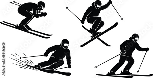 Four silhouettes of skiers in action on a white background