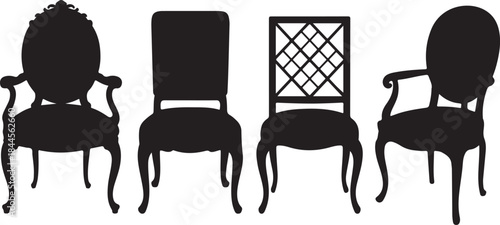 Elegant antique chair set for sophisticated interiors, classic furniture designs for luxury homes and upscale restaurants, vector style furnishings silhouette a white backgraound