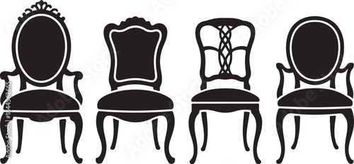 Elegant antique chair set for sophisticated interiors, classic furniture designs for luxury homes and upscale restaurants, vector style furnishings silhouette a white backgraound