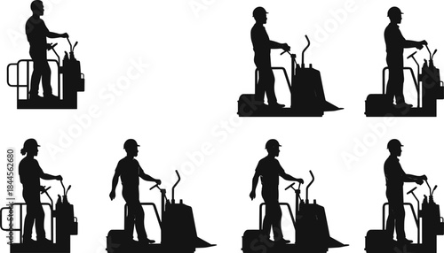 Construction worker silhouette, paving machine operation, asphalt equipment, hard hat safety, manual control, surface finishing, industrial labor, roadwork team, machinery handling, job site