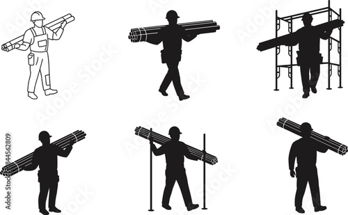 Construction worker silhouettes carrying rebar, metal rod transport, safety gear, hard hat poses, scaffolding labor, industrial site action, structural material handling