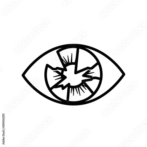 Black and white line art illustration of a shattered eye with broken iris, symbolizing damaged vision, mental distress, or psychological pain.