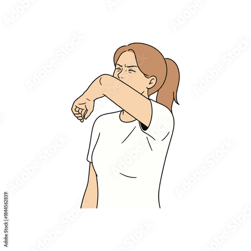 Woman Coughing Into Elbow Proper Hygiene Respiratory Etiquette Health Safety Vector Illustration