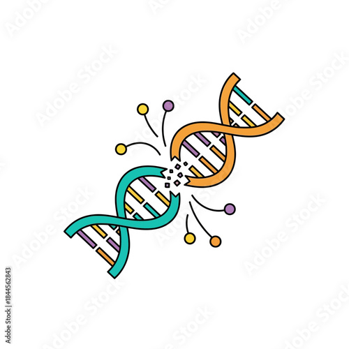 Broken DNA double helix illustration with genetic mutation and damage. Concept of gene editing, science, disease, or medical research.