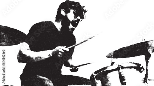 Musician performing energetically on drums. Black and white vector illustration capturing movement and rhythm in a dynamic set.