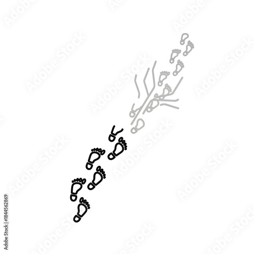 Vector illustration of human footprints trail, transitioning from clear to fading, symbolizing past, history, journey, change, and evolution.