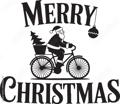 Funny holiday character with gifts. Santa Claus riding a bicycle and Merry Christmas typography clean silhouette vector illustrationm