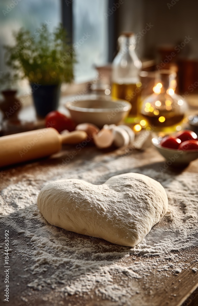 Fototapeta premium Heart shaped pizza dough on floured table in cozy kitchen