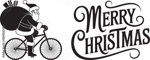 Funny holiday character with gifts. Santa Claus riding a bicycle and Merry Christmas typography silhouette vector illustrations