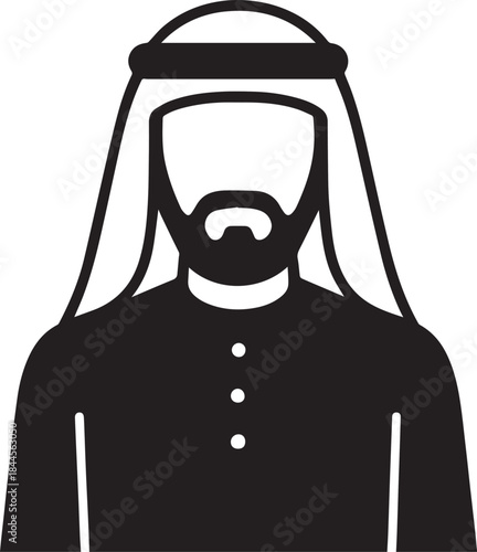 Solid silhouette portrait of a bearded man wearing a traditional Arabic keffiyeh and agal, Middle Eastern identity black and white vector illustration