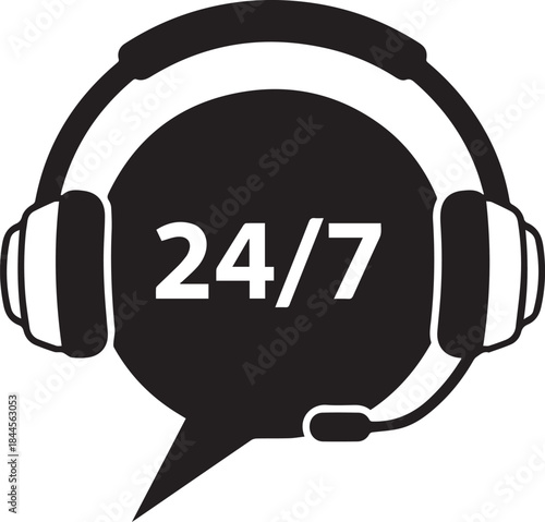 Headphones with microphone over a speech bubble containing "24/7", simple service black and white vector illustration