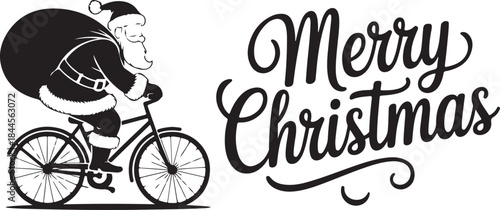 Funny holiday character with gifts. Santa Claus riding a bicycle and Merry Christmas typography silhouette vector illustrations