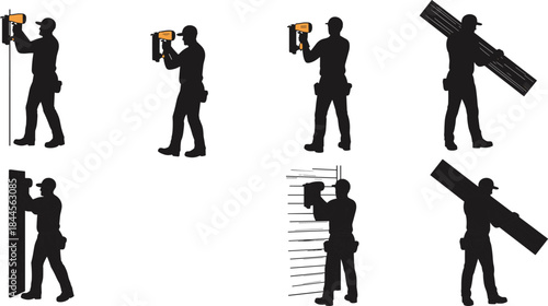 Construction worker silhouettes, measuring and drilling, wood plank handling, safety gear, tool belt poses, framing tasks, carpentry action, building process
