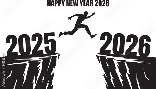 Happy New Year 2026 Silhouette vector illustration of a man leaping from 2025 to 2026 over A New Year Concept