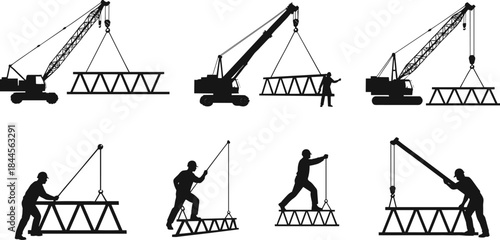 Construction crane lifting silhouette showing truss structure handling, worker teamwork, heavy load rigging and industrial jobsite safety