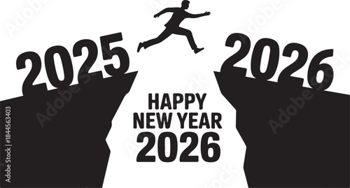 Happy New Year 2026 Silhouette vector illustration of a man leaping from 2025 to 2026 over A New Year Concept