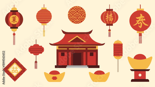 Decorative Asian Lanterns and Temple symbols for festive celebration