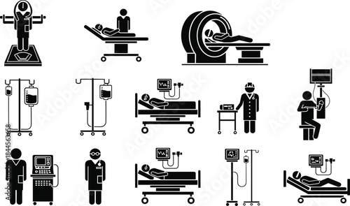 Silhouette medical patient care procedures with hospital equipment, IV therapy, monitoring machines, diagnostic imaging and healthcare professionals in clinical treatment scenes