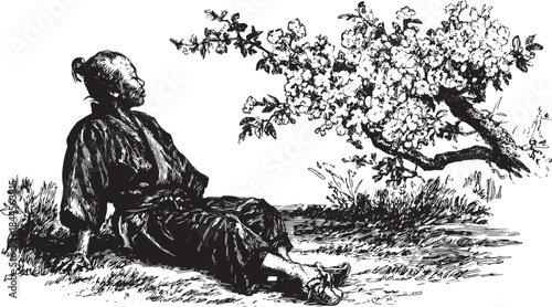 Man sitting under a flowering tree in a black and white vector illustration. Vintage outdoor artwork depicting traditional cultural elements in a tranquil setting.