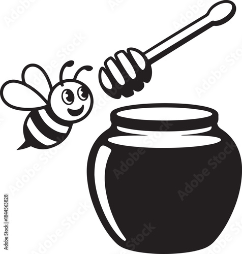 Honey dipper dripping honey into a jar with bee icon nearby silhouette vector