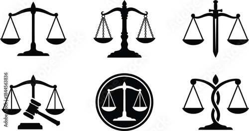 Collection of silhouette justice scales and gavel icons