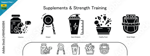Strength Training Supplements – Optimized Nutrition and Fitness for Maximum Performance. White, gray, and glyph icons