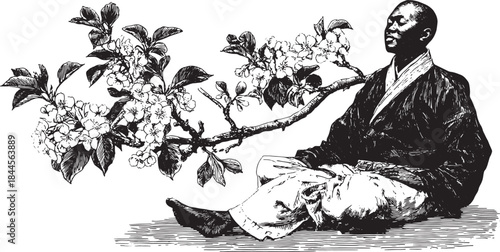 Man seated under a branch with flowers. Artistic black and white vector illustration showcasing a peaceful atmosphere in a vintage style set.