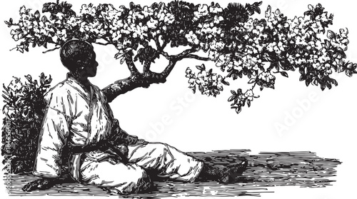 Tree bloom silhouette illustration with a figure sitting underneath. Traditional black and white vector artwork depicting outdoor serenity.