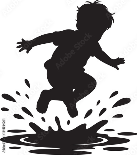 Joyful child leaping in a puddle a striking silhouette vector