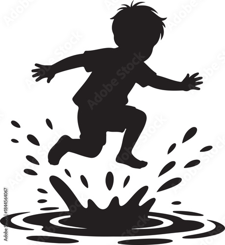 Joyful child leaping in a puddle a striking silhouette vector