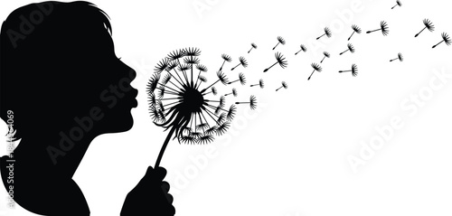 Silhouette person blowing dandelion seeds, creating peaceful dreamy moment of nature, freedom, wishes, calm expression, wind, beauty, and imagination