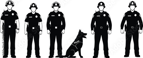 Silhouette police officers standing in uniform with K9 dog, law enforcement team illustration featuring multiple officers and police canine graphic design