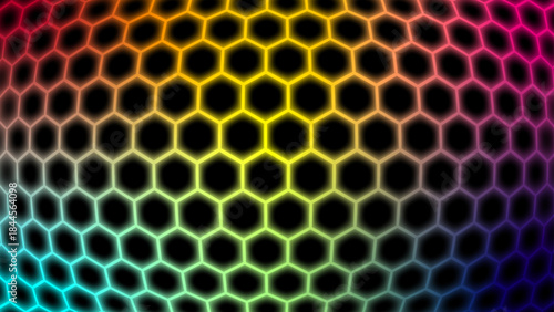 Black hexagons outlined with glowing gradients—yellow, green, red—form a vibrant honeycomb grid with striking geometric symmetry and contrast.
