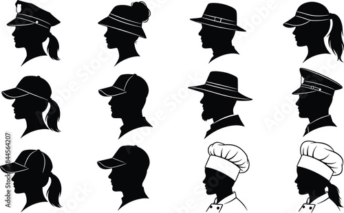 Silhouette profiles of men and women wearing various hats and uniforms, professional headwear collection for design, fashion, occupation, identity and illustration use
