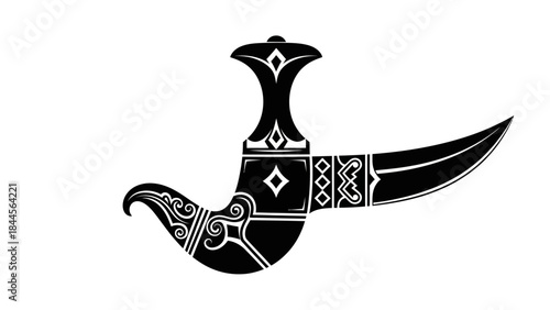 black and white stylized ornamental arabic dagger isolated on white background graphic