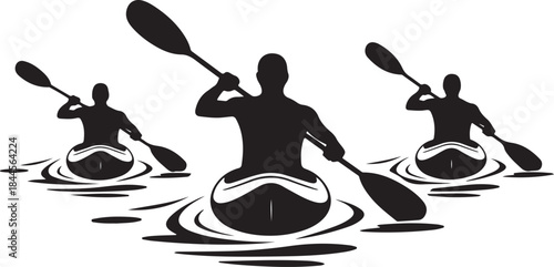 Kayak paddlers silhouettes in motion,kayakers dynamic rowing poses, water sport, outdoor recreation, adventure, vector illustration
