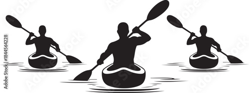 Kayak paddlers silhouettes in motion,kayakers dynamic rowing poses, water sport, outdoor recreation, adventure, vector illustration