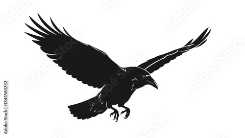 Black silhouette of a raven in flight with outstretched wings against a white background