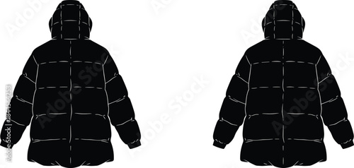 Silhouette puffer jacket with hood winter outerwear fashion illustration showing insulated coat design details for clothing, apparel template and garment mockup use