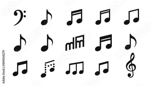A collection of musical note symbols and icons in black and white