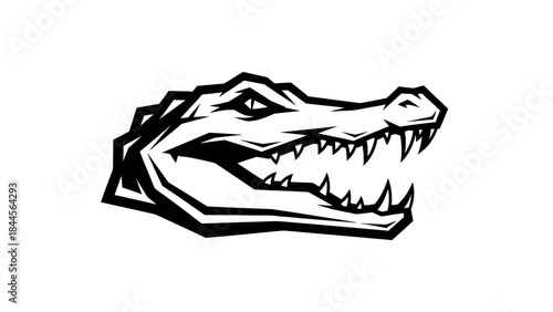 Aggressive alligator head with open mouth and sharp teeth stylized graphic black and white