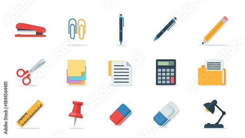 A colorful collection of essential school and office supplies presented as flat design icons