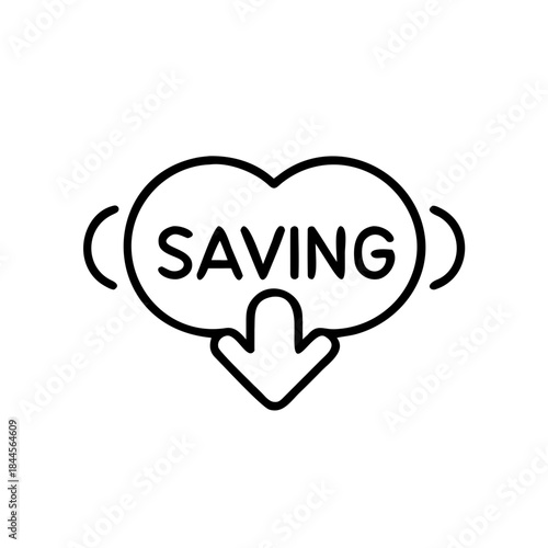 Heart icon with saving text and downward arrow in minimalist style  