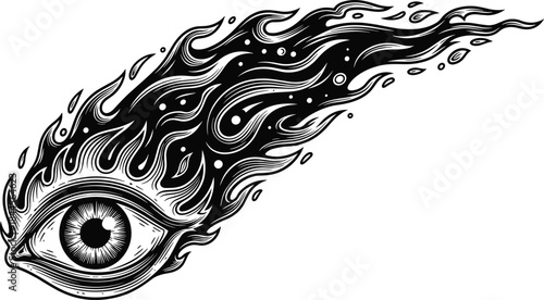 Surreal eye illustration with flames, abstract vision art, black and white contrast, fantasy symbolism, mystical gaze, flowing smoke patterns