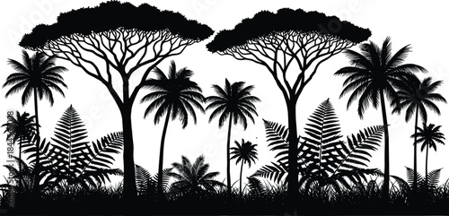 Tropical forest landscape silhouette with palm trees, acacia trees, dense jungle foliage, nature scene illustration, botanical wilderness vector artwork