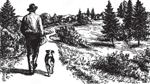 Man walking with dog along a winding path in a detailed black and white vector illustration of a scenic countryside landscape with trees and fields.