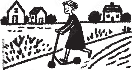Girl riding a scooter outdoors. Simple black and white vector illustration depicting a rural scene with houses in the background.