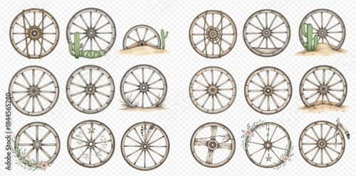 Collection of various old wooden wagon wheels with different designs and textures.