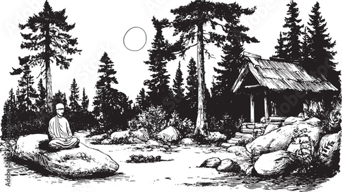 Meditation scene featuring a monk in nature. Simple black and white vector illustration with trees, rocks, and a house in a tranquil landscape.